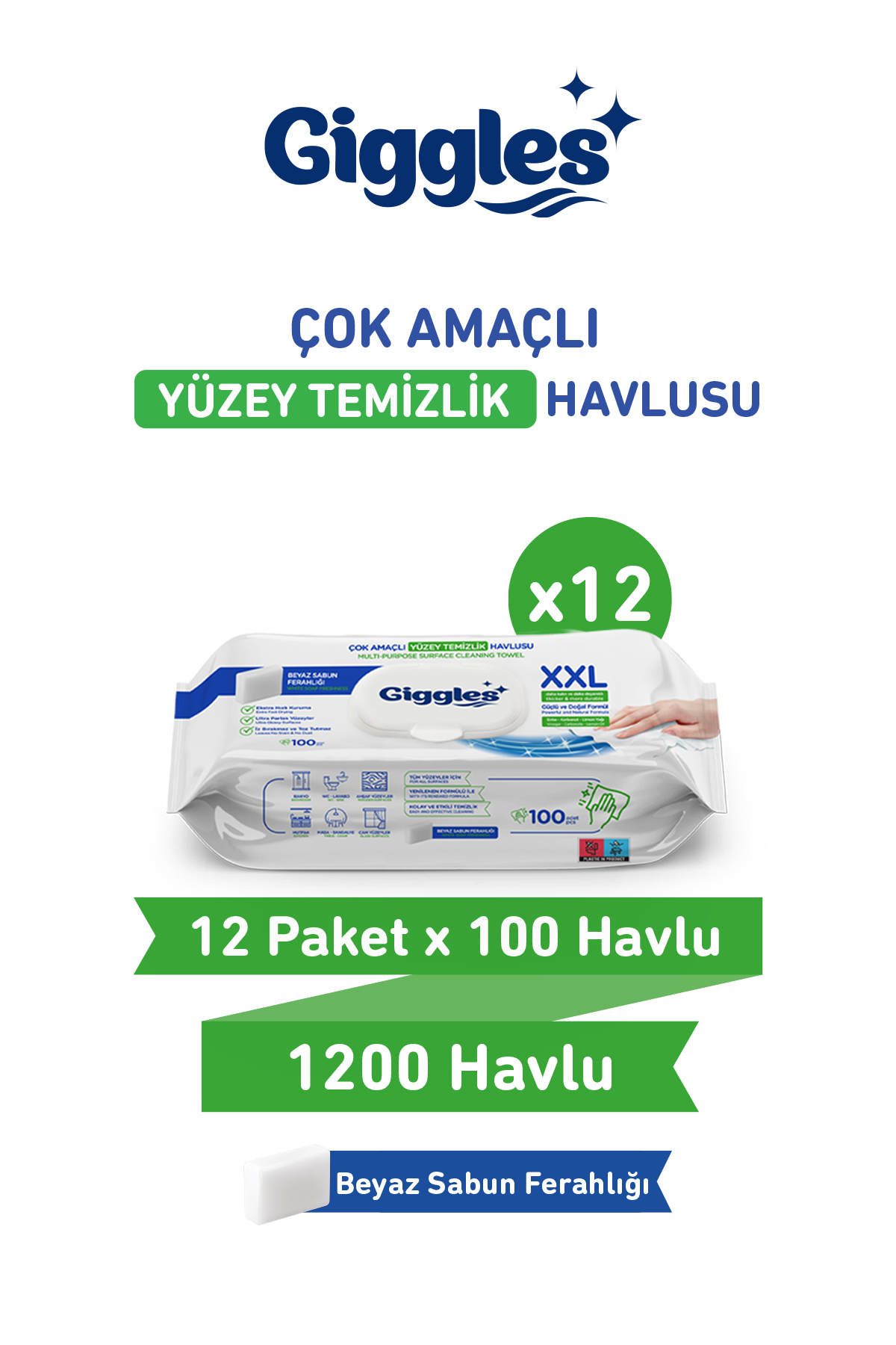 Giggles XXL İz Bırakmayan Yüzey Temizlik Havlusu - (Beyaz Sabun Ferahlığı) 1200 Yaprak